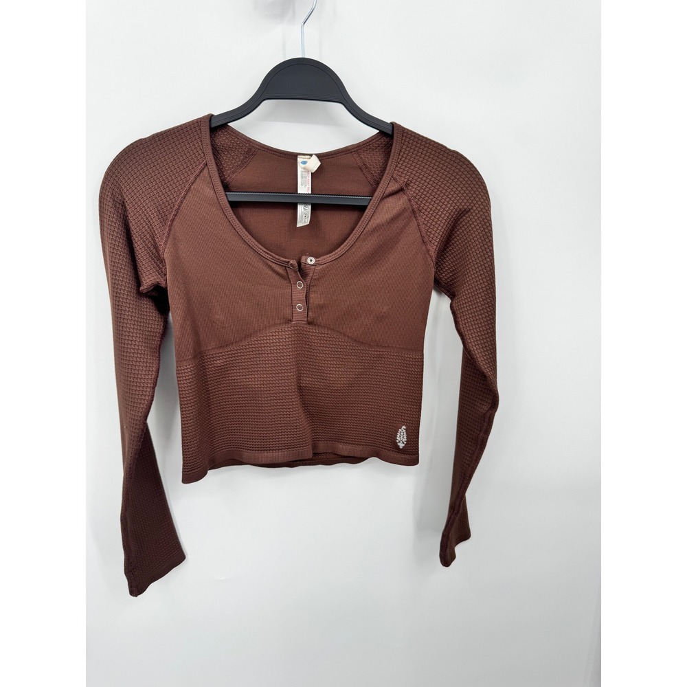 FP Movement Henley Long Sleeve Women M/L Brown Open Back Seamless Crop Top - Picture 6 of 7